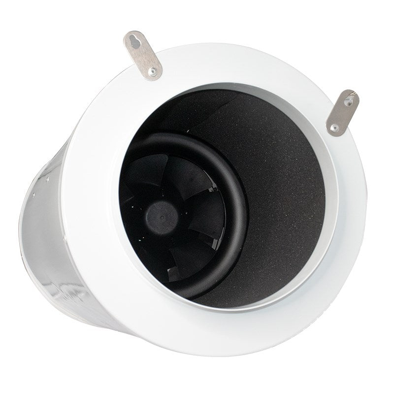 Round fan housing with black impeller inside, white frame and mounting tabs