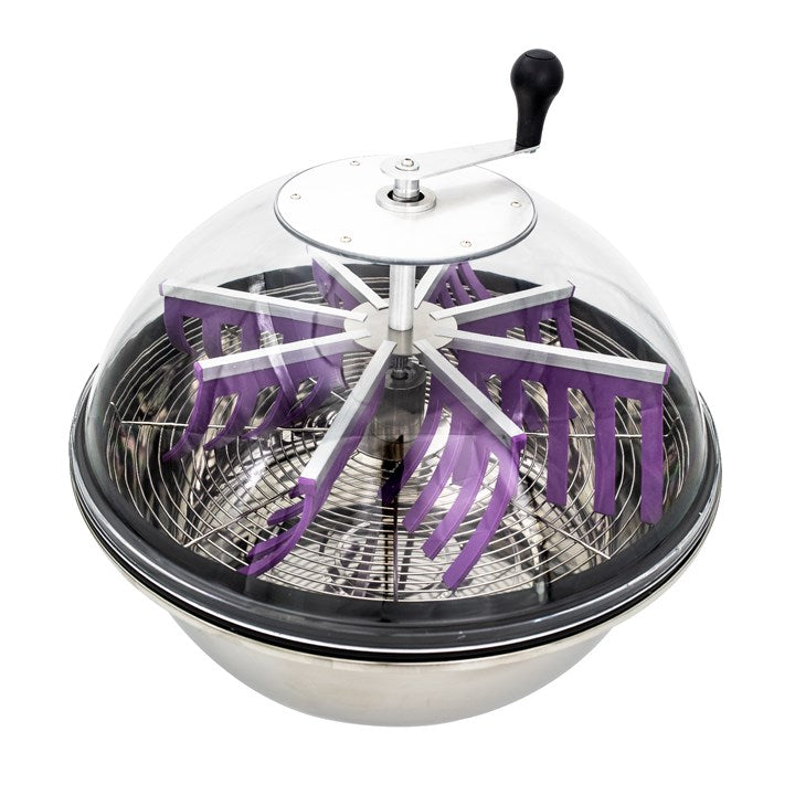 Leaf trimmer with clear bowl, metal basket, purple trimming blades, and black handle knob