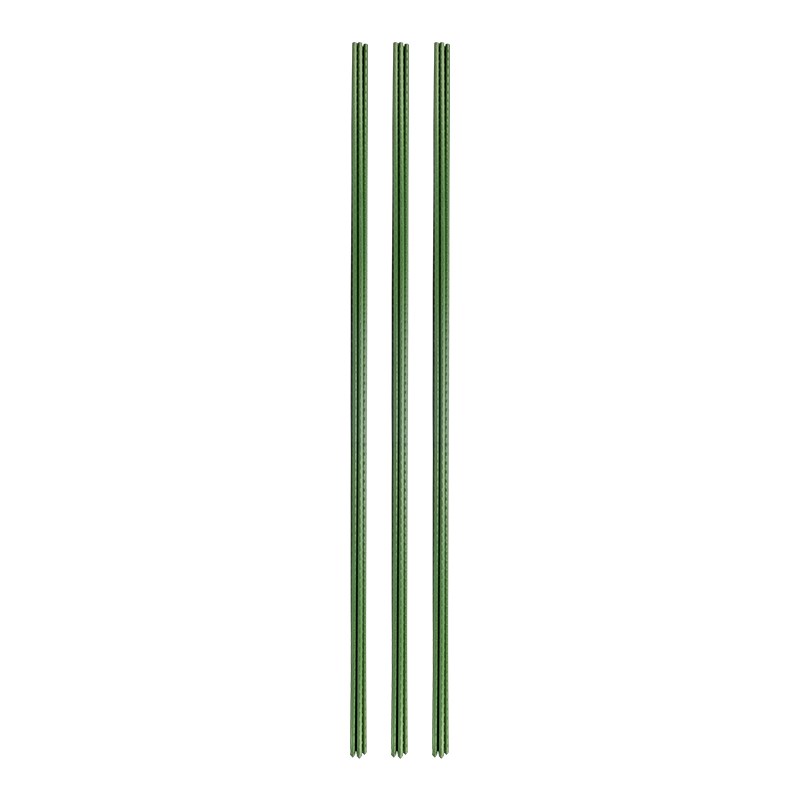 Green plant support stakes, two slim straight rods with pointed bottom ends