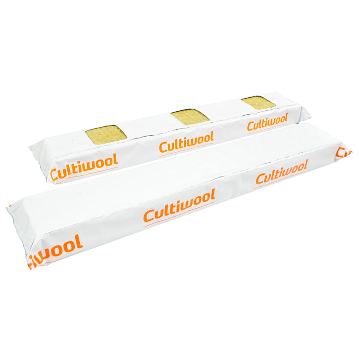 White insulation slabs in wrapping, orange Cultiwool logos and yellow tab markers.
