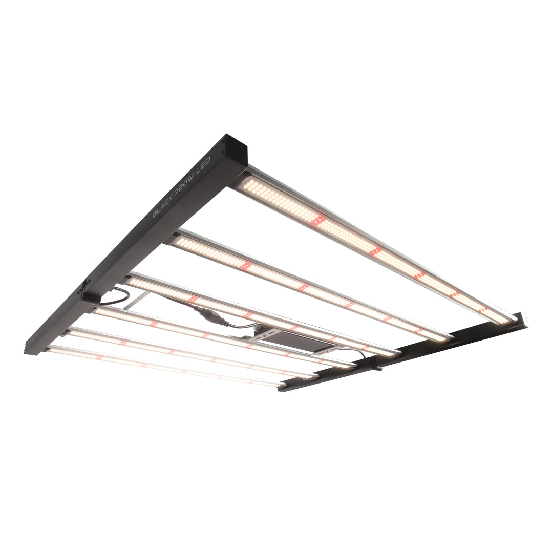 Black LED grow light panel with multiple glowing LED strips and metal crossbars.
