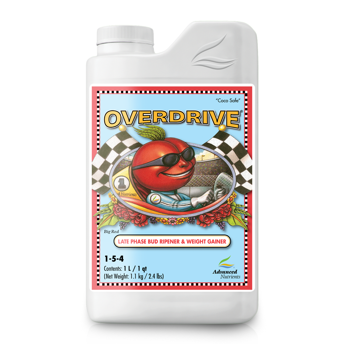 Liquid nutrient bottle with side label and white cap, cartoon beetle graphic