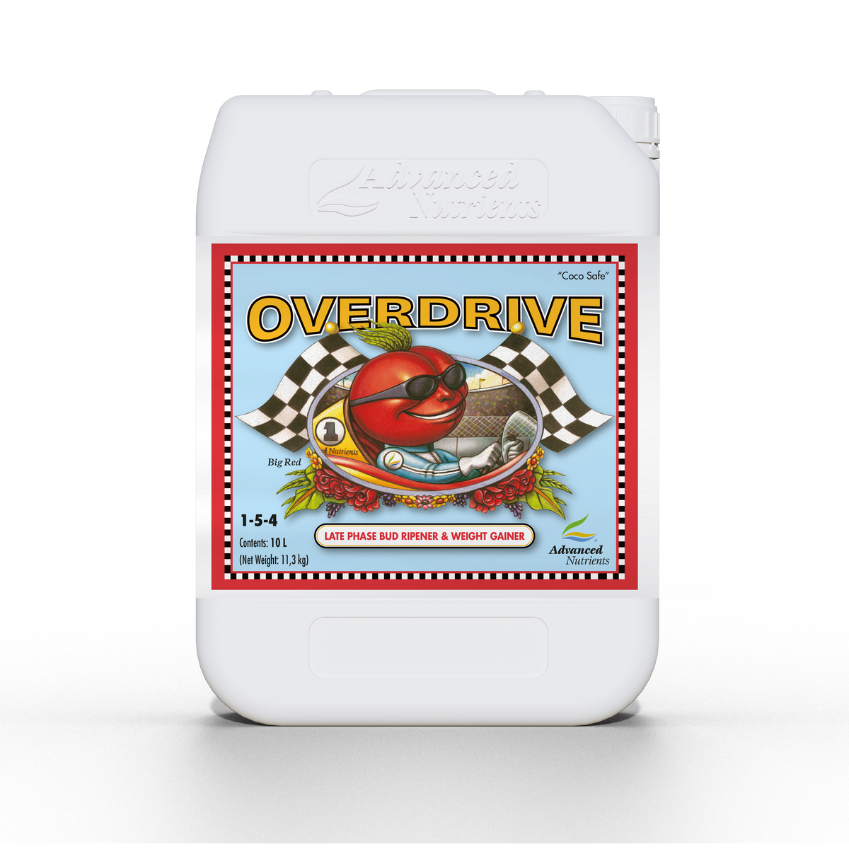 Liquid nutrient bottle with front label, red-and-white border and beetle illustration
