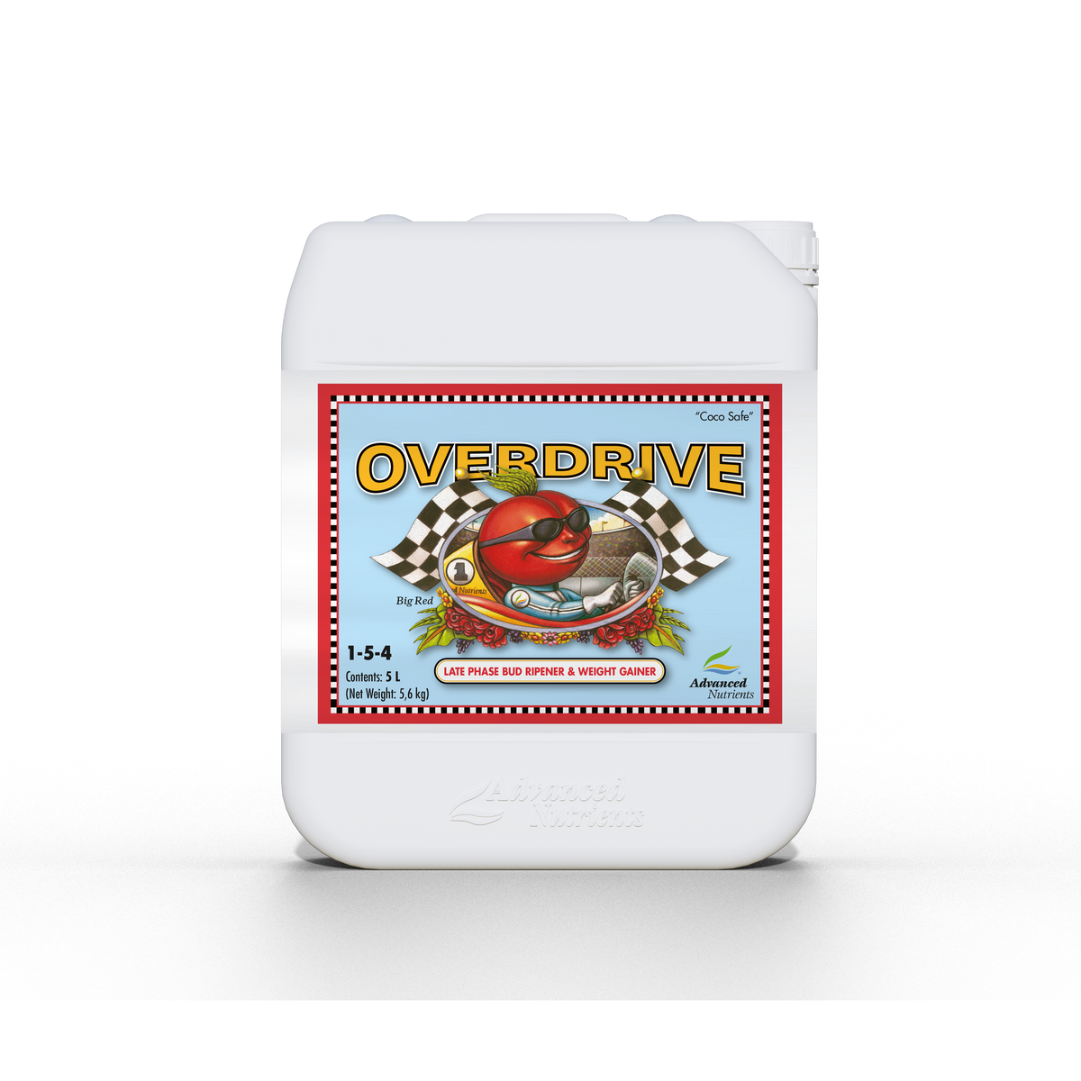Liquid nutrient bottle with back label, nutrient details and red border