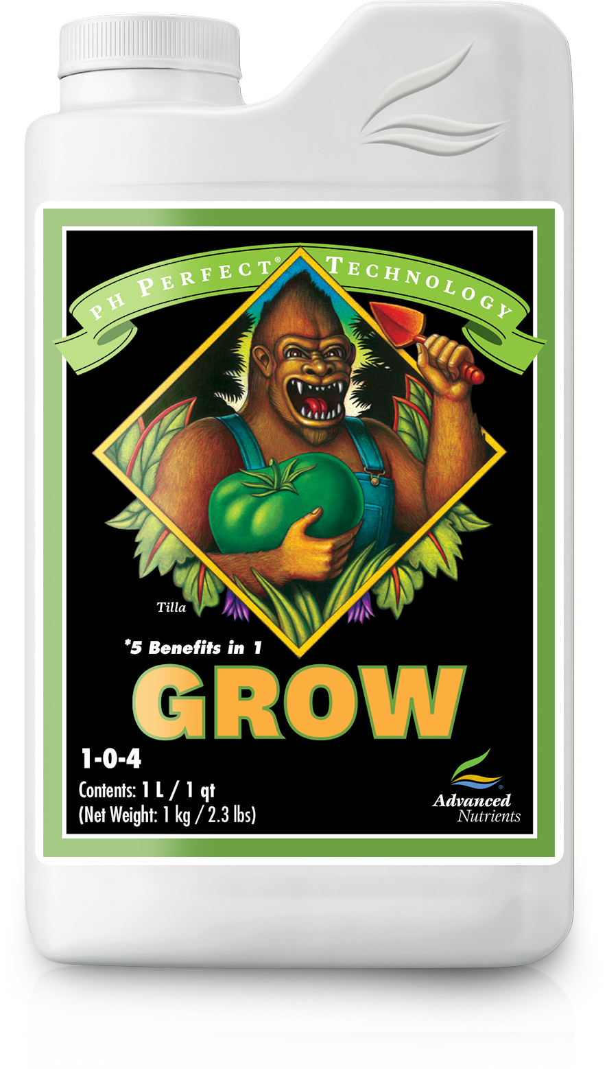 Advanced Nutrients Grow nutrient bottle, 1-0-4 formula, front label with cap.