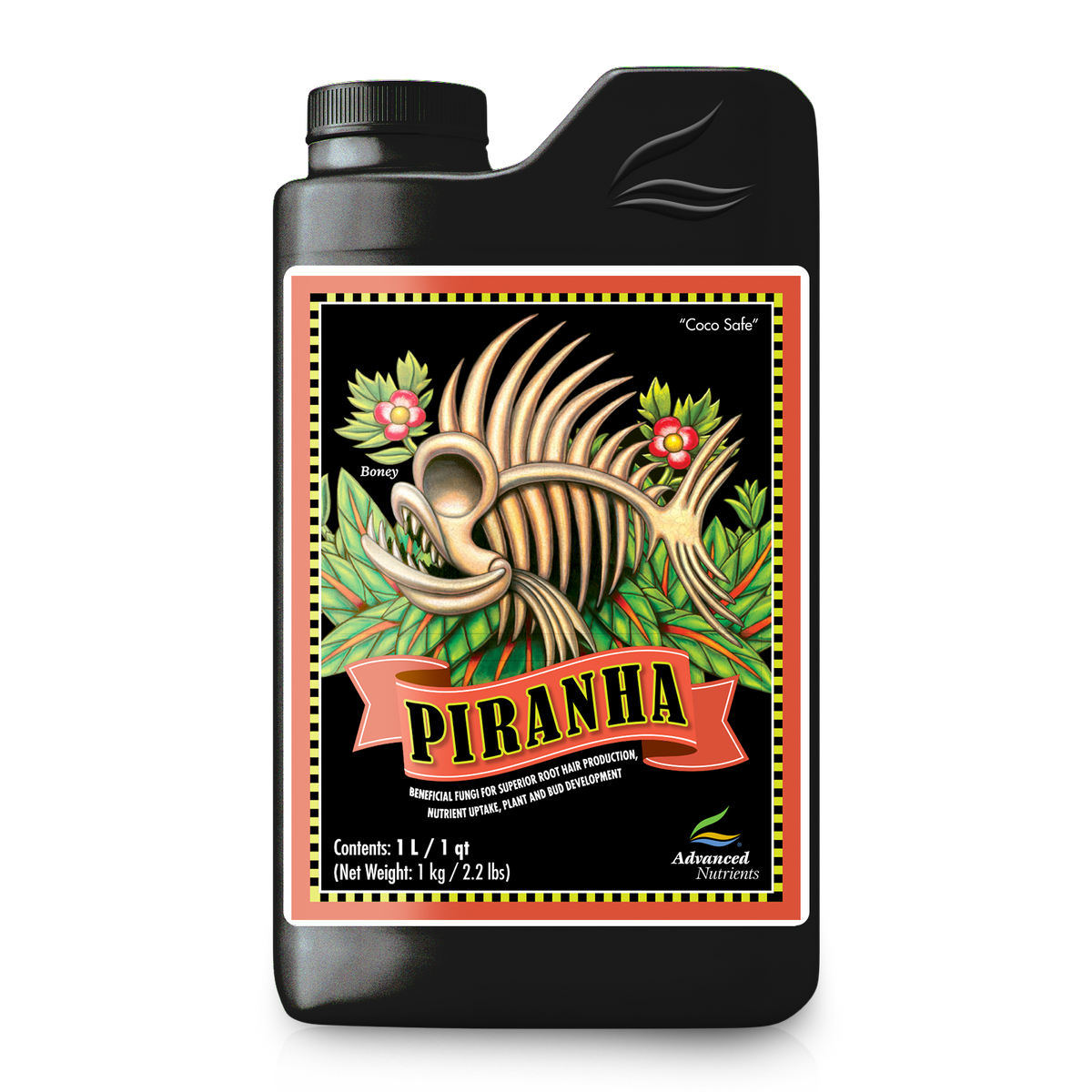 Advanced Nutrients Piranha nutrient bottle with ribbed fish skeleton label
