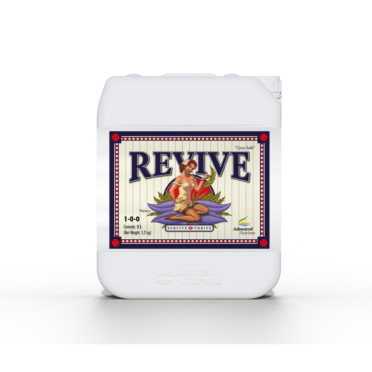 Fertilizer bottle with Advanced Nutrients Revive back label, white plastic jug