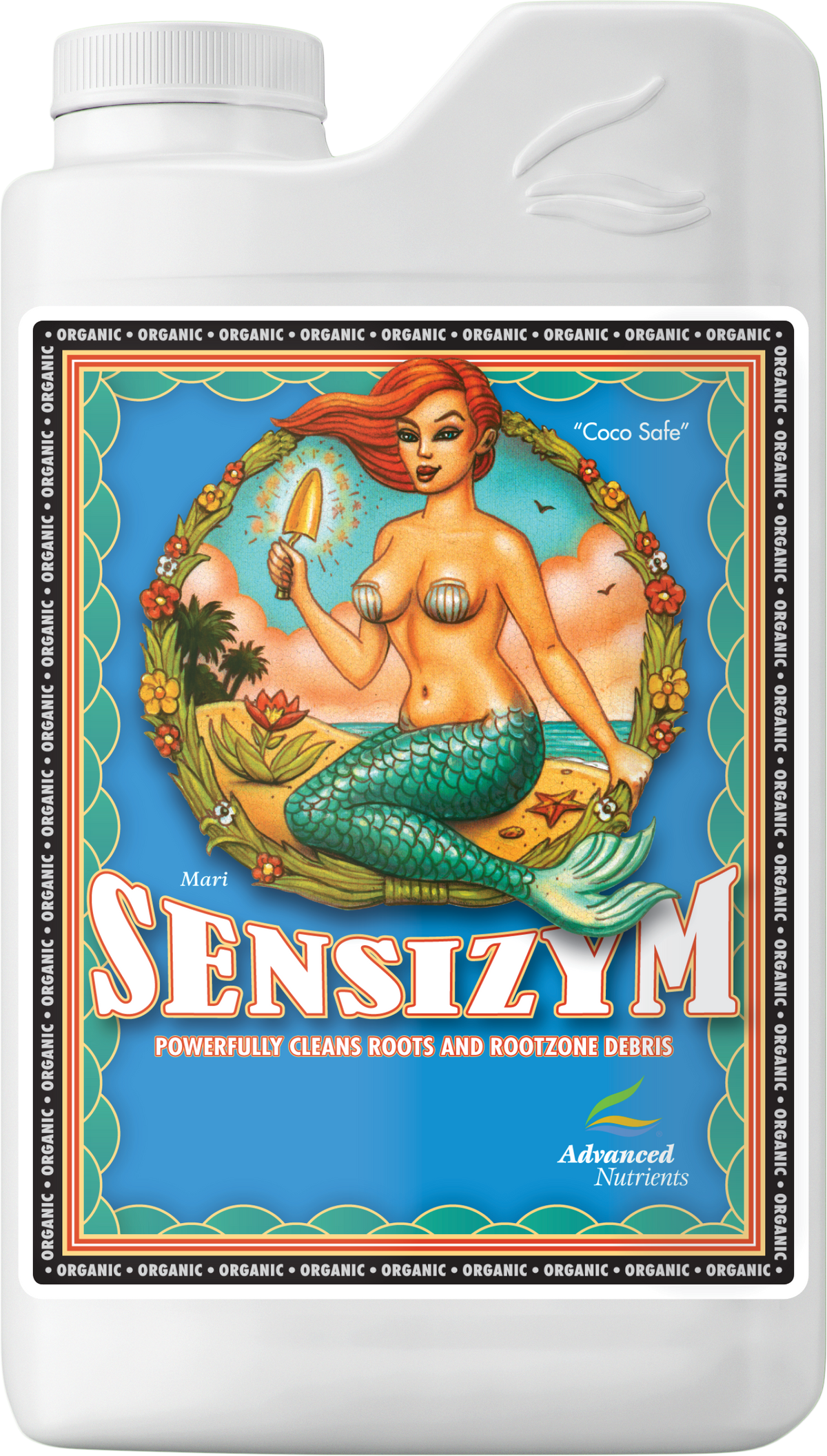 Nutrient additive jug, white plastic with front label featuring mermaid illustration