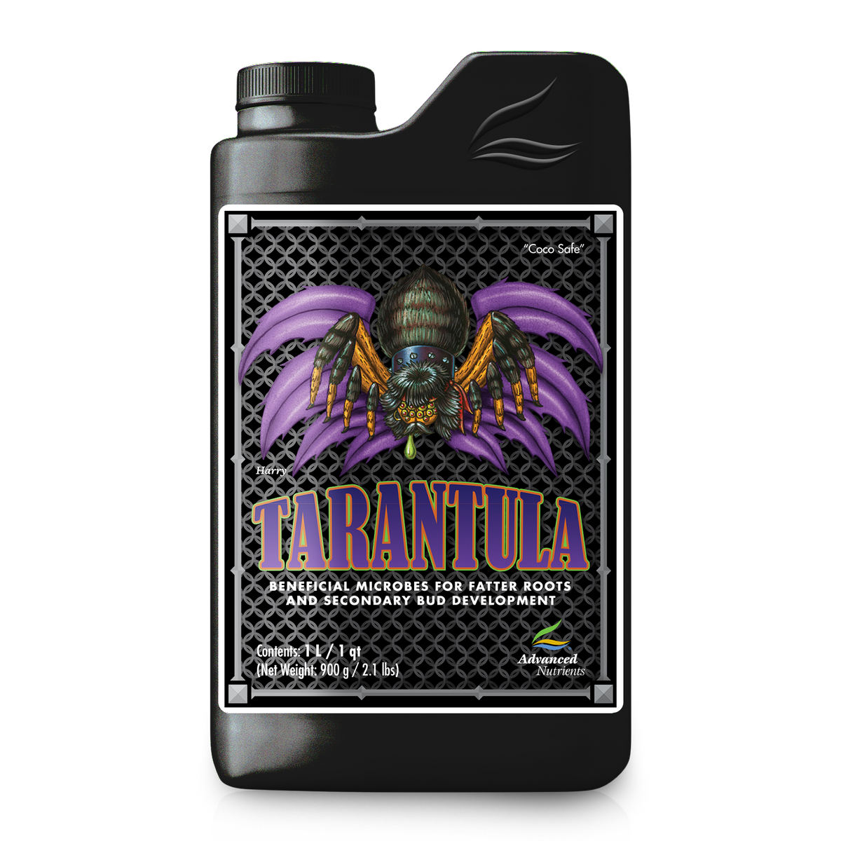 Nutrient supplement bottle with purple bat-wing spider graphic and black label