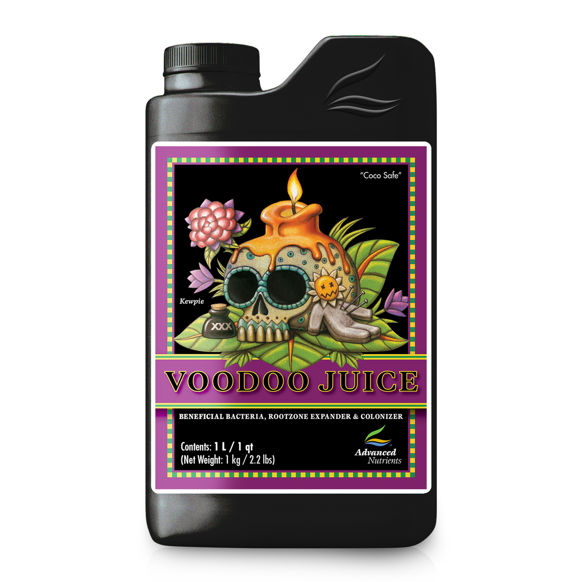 Voodoo Juice nutrient bottle, dark plastic jug with cap and front label