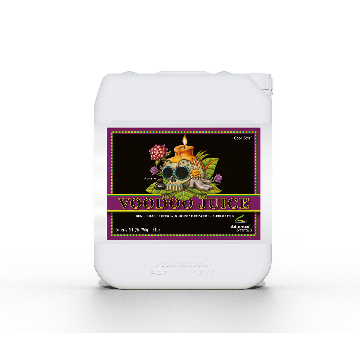 Voodoo Juice nutrient bottle, white plastic jug with front label facing camera