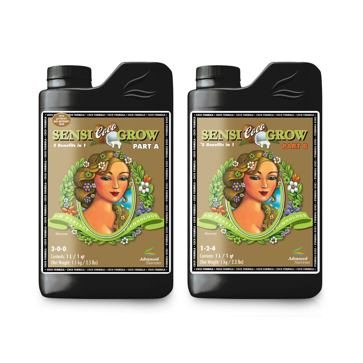 Sensi Coco Grow nutrient bottles, black jugs with front label and flip-top caps