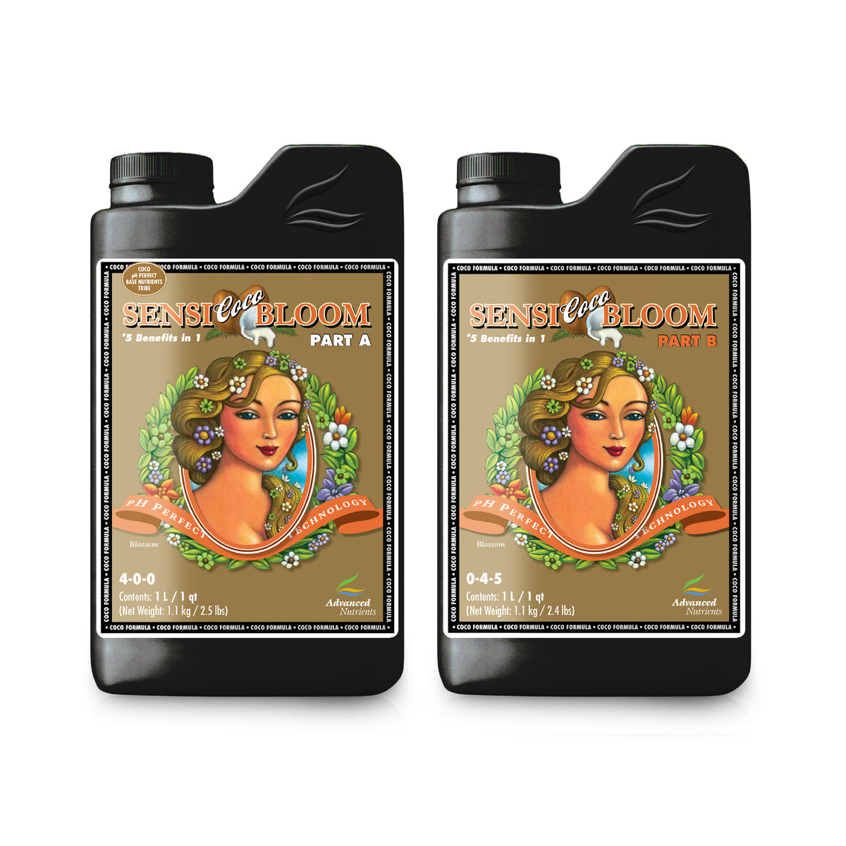 Advanced Nutrients Sensi Coco Bloom nutrient bottles, Part A 4-0-0 and Part B 0-4-5