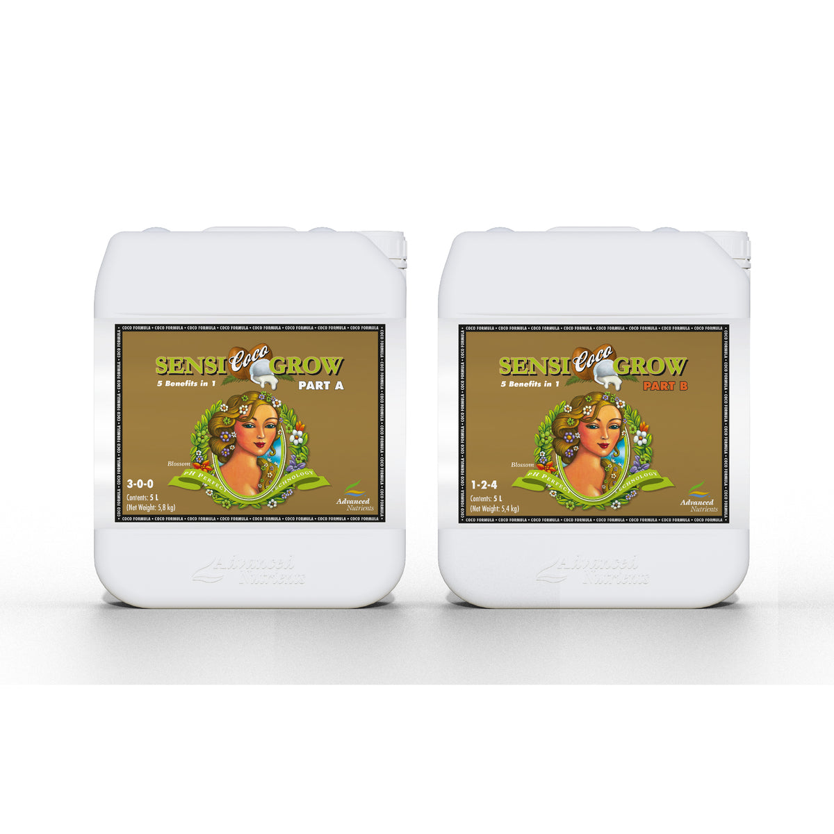 Sensi Coco Grow nutrient bottles, white jugs with front label and flip-top caps