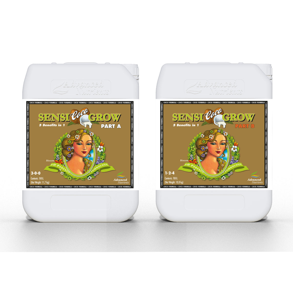 Sensi Coco Grow nutrient bottles, close front view of white jugs with labels