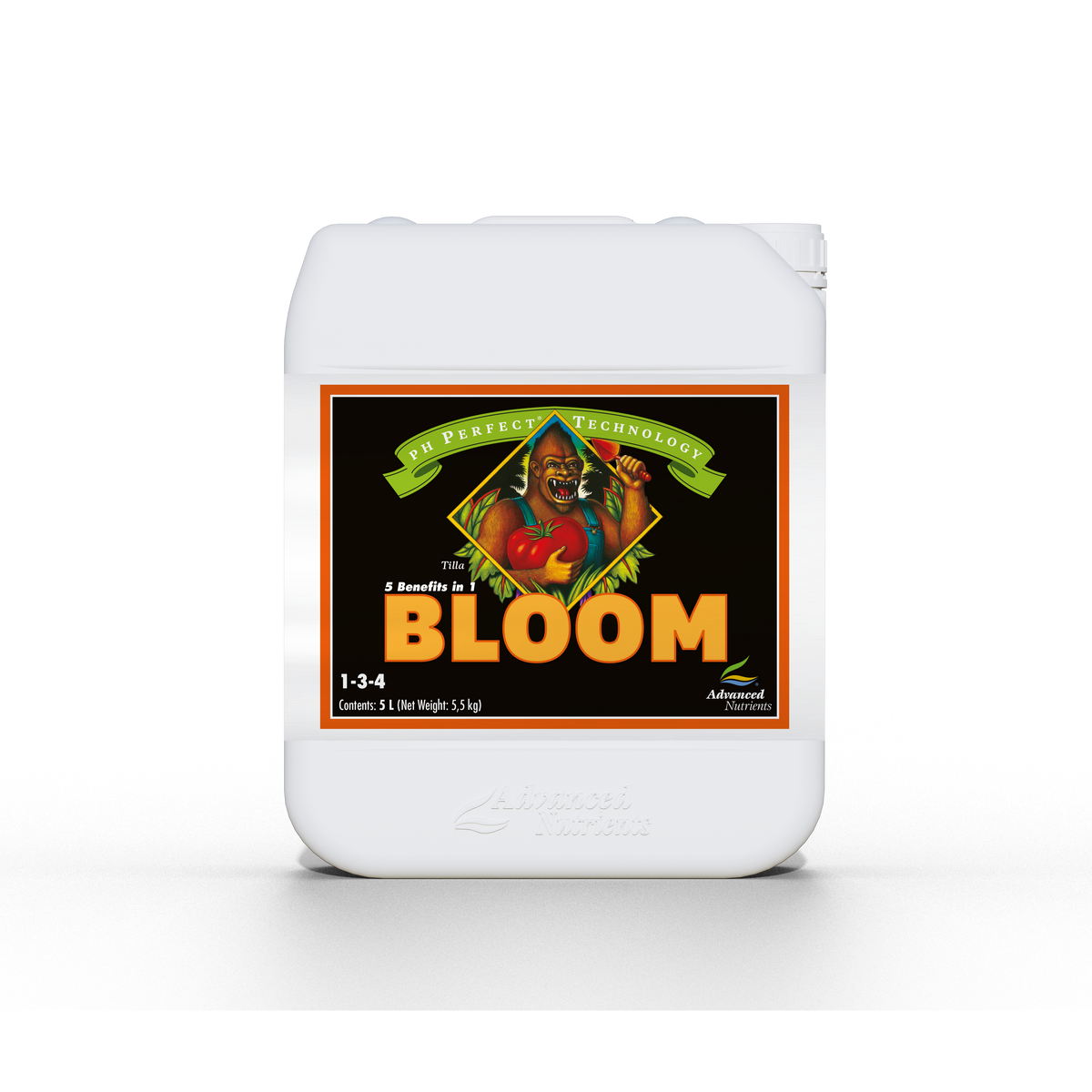 Advanced Nutrients Bloom plant nutrient bottle, white jug with Bloom label