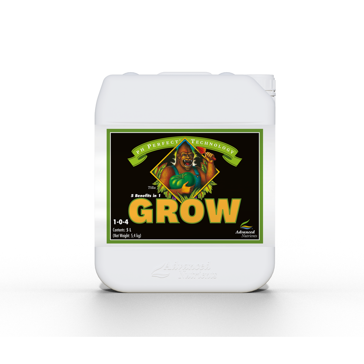 Advanced Nutrients Grow nutrient bottle, 1-0-4, front label on rounded container.