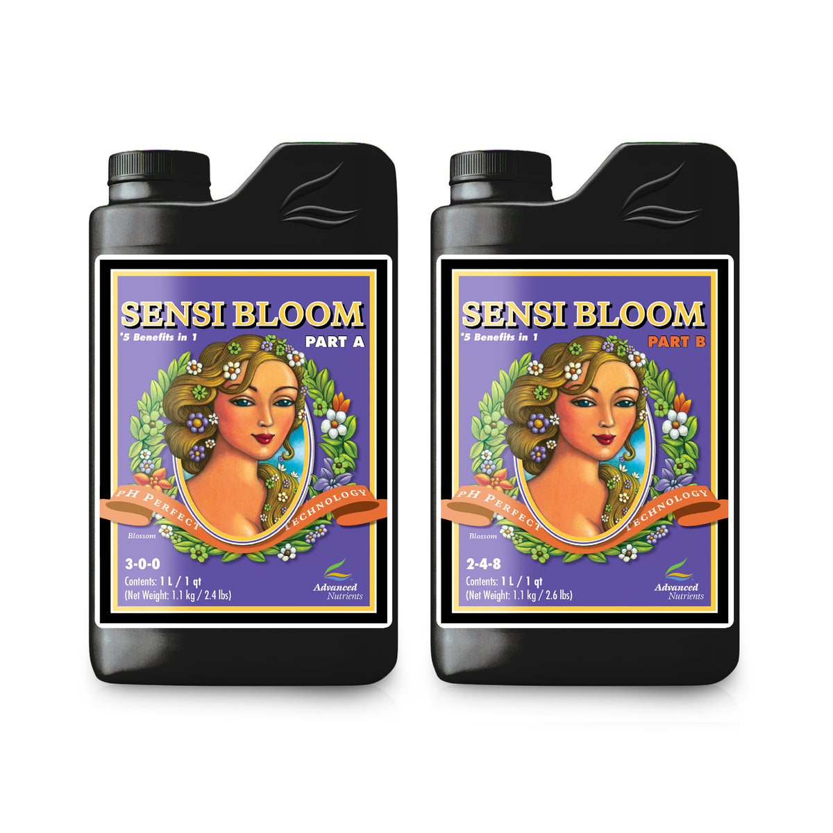 Advanced Nutrients bloom nutrient bottles, black, labeled Part A and Part B