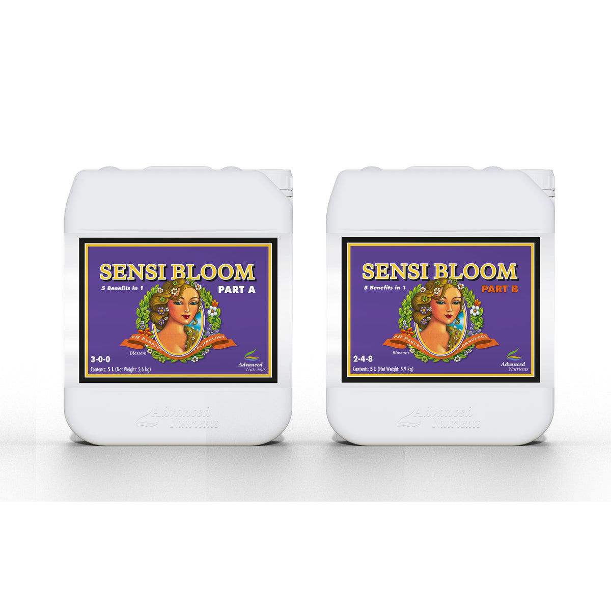 Advanced Nutrients bloom nutrient bottles, white jugs with Part A and Part B labels